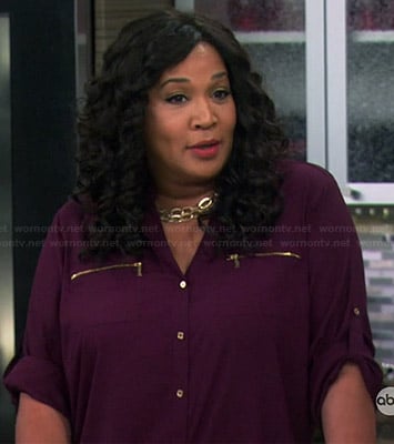 Yolanda's purple zip pocket blouse on Young and Hungry