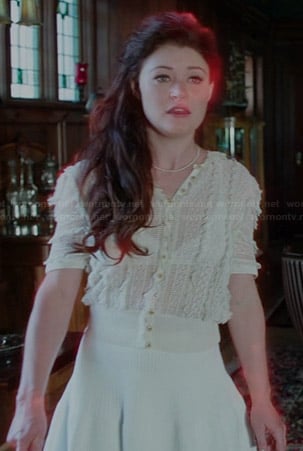 Belle's cream ruffled cardigan and white ribbed skirt on Once Upon a Time