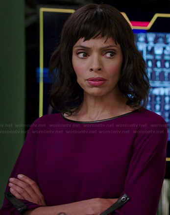 Camille's purple leather trimmed blouse on Bones