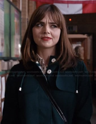 Clara's green coat with white buttons on Doctor Who