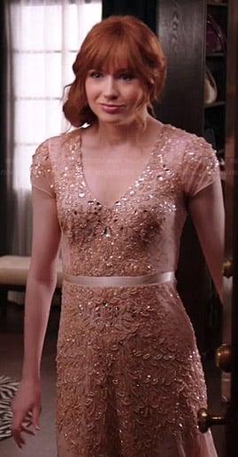 Eliza's blush pink embellished gown on Selfie