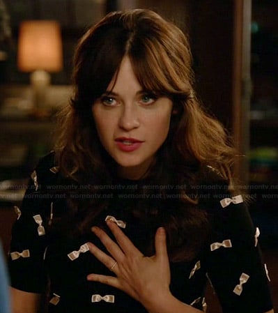 Jess's black and white bow covered top on New Girl