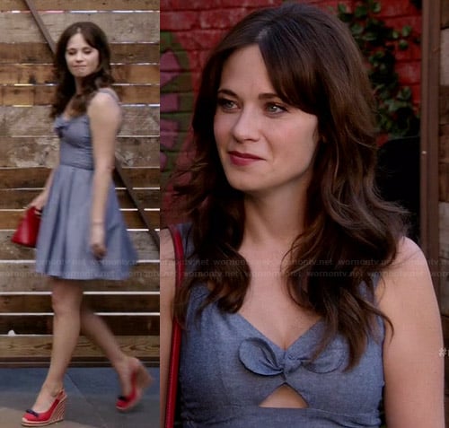 Jess's chambray bow front dress with red wedges and bag on New Girl