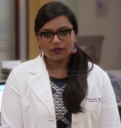 Mindy's blue geometric patterned dress on The Mindy Project