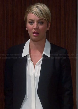 Penny's white shirt with large pockets and black open front blazer on The Big Bang Theory