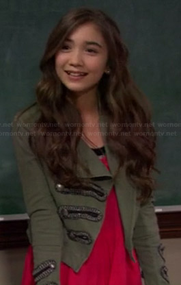 Riley's red handkerchief hem dress and green military jacket on Girl Meets World