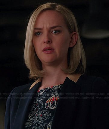 Robyn's hot air balloon printed top and gold trim blazer on The Good Wife