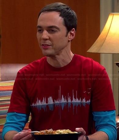 Sheldon's red sound wave graphic tee on The Big Bang Theory