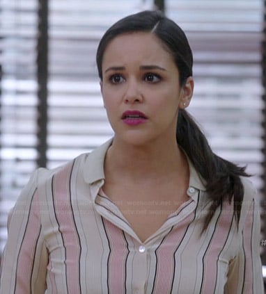 Amy's beige and pink vertical striped blouse on Brooklyn Nine-Nine