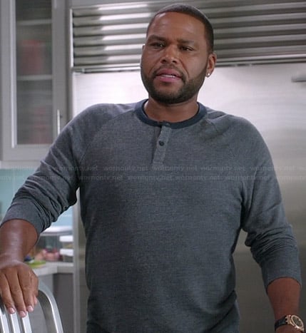 Andre's grey henley shirt with blue trim on Black-ish