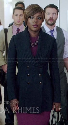 Annalise's navy double breasted jacket with shawl knit collar on How to Get Away with Murder