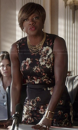 Annalise's black floral sheath dress on How to Get Away with Murder
