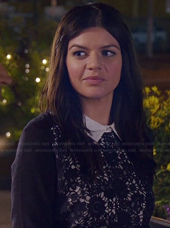 Annie's navy blue crochet front sweater on Marry Me
