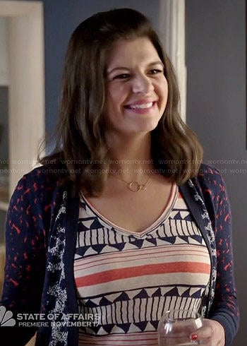 Annie's geometric printed top and floral cardigan on Marry Me
