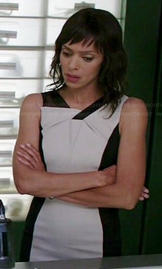 Camille's black and white folded detail dress on Bones