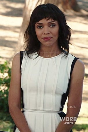 Camille's white pleated dress with black back on Bones