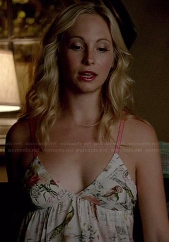 Caroline's white bird print cami on The Vampire Diaries