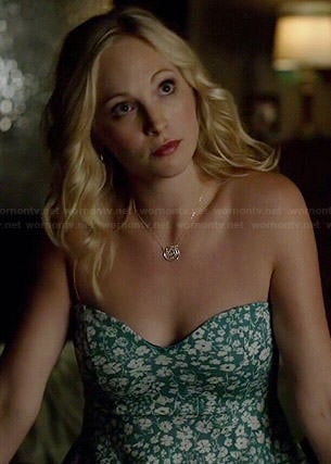 Caroline's green floral strapless dress on The Vampire Diaries