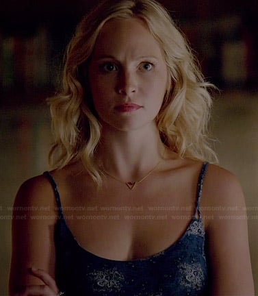 Caroline's blue printed cami and triangle necklace on The Vampire Diaries