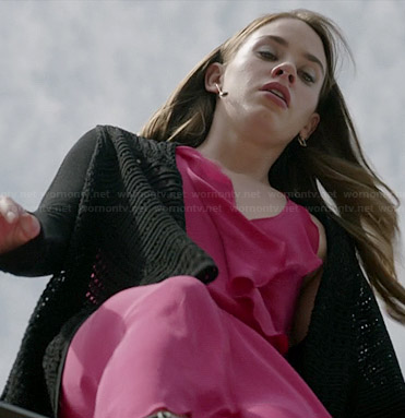 Charlotte's red ruffled maxi dress and black pointelle cardigan on Revenge