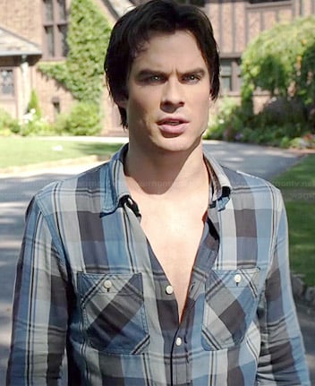 Damon's blue plaid shirt on The Vampire Diaries