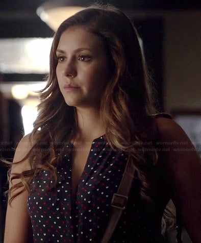 Elena's navy and red heart dotted sleeveless top on The Vampire Diaries