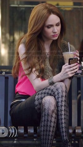 Eliza's houndstooth tights, pink crossover top and fur collar on Selfie