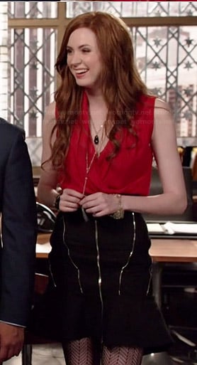 Eliza's red wrap top and black zip front skirt on Selfie
