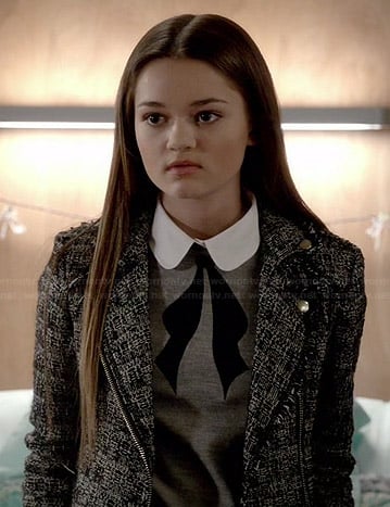 Emma's grey collared bow sweater and tweed moto jacket on Red Band Society