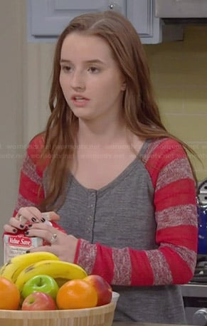 Eve's grey henley top with red striped sleeves on Last Man Standing