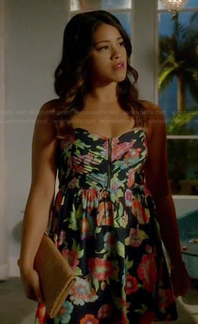 Jane's blue floral zip front dress on Jane the Virgin