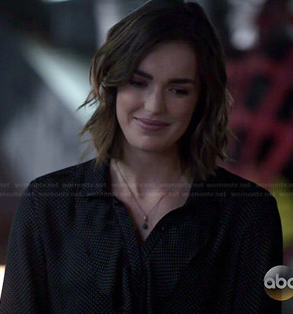Jemma's black pin dot ruffle blouse on Agents of SHIELD