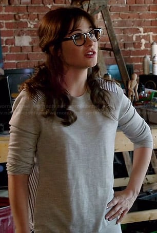 Jess's grey sweatshirt with striped back panel on New Girl