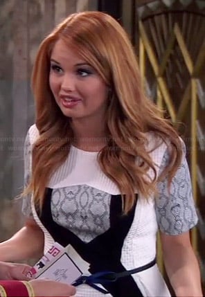 Jessie's white textured dress with snake print panels on Jessie