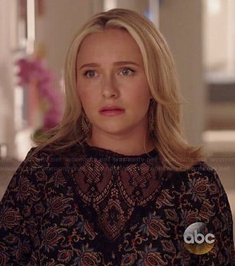 Juliette's black printed blouse with lace inset on Nashville