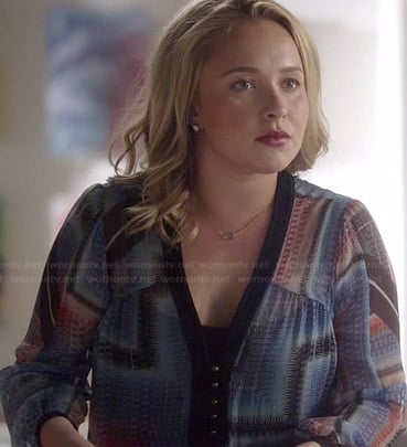Juliette's blue printed blouse with black trim on Nashville