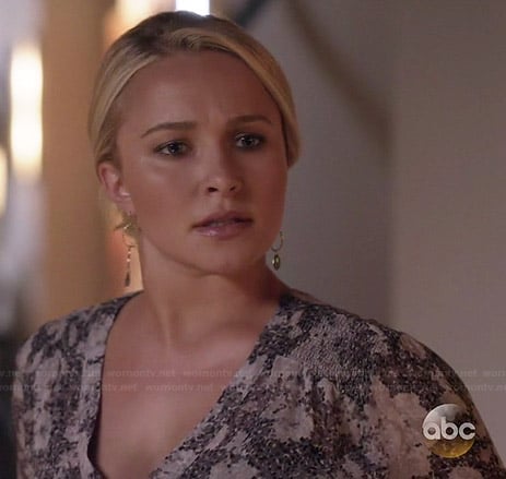Juliette's grey floral blouse with ruched shoulders on Nashville