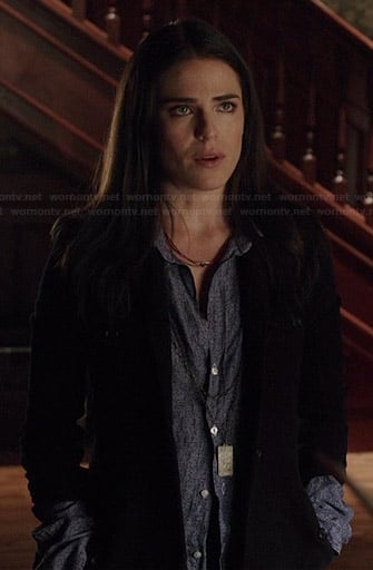 Laurel's blue floral crinkled shirt on How to Get Away with Murder