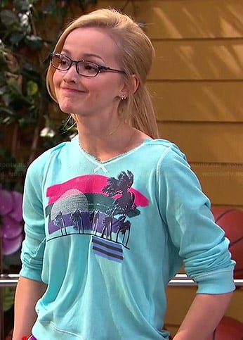 Maddie's blue palm tree print hoodie on Liv and Maddie