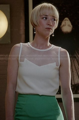 Margaux's white mesh top and green pencil skirt on Revenge
