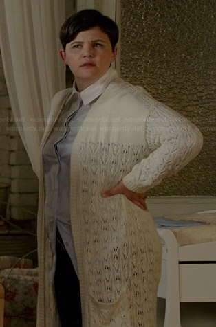 Mary's blue shirt with white collar and long cream pointelle cardigan on Once Upon a Time