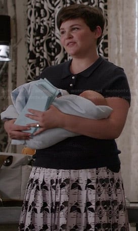 Mary's navy blue mesh polo top with pearl buttons and printed midi skirt on Once Upon a Time