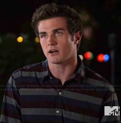 Matty's grey, navy and burgundy striped shirt on Awkward