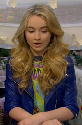 Maya's blue cropped leather moto jacket on Girl Meets World