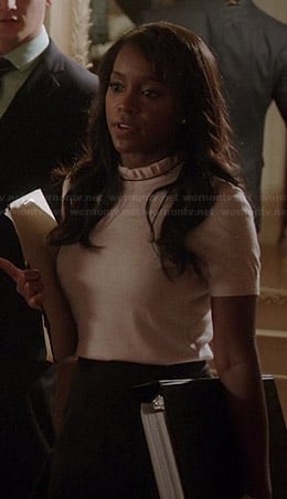 Michaela's light pink ruffled neck sweater on How to Get Away with Murder