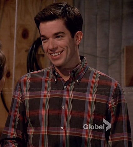 John's grey and multi-colored plaid shirt on Mulaney