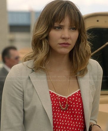 Paige's red and white printed top and blazer on Scorpion