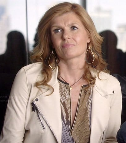 Rayna's snake print zip-front top and white leather jacket on Nashville