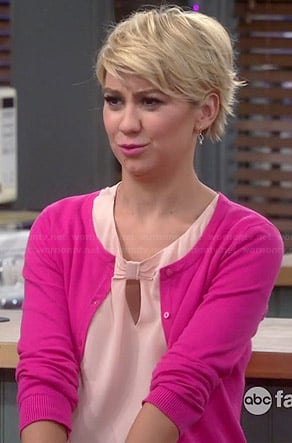 Riley's pink bow keyhole top and pink cardigan on Baby Daddy