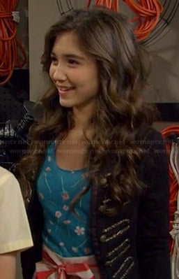 Riley's blue floral top and red and white striped skirt on Girl Meets World